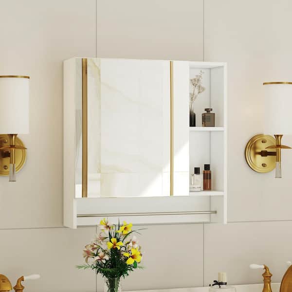 Polibi 21.6 in. W x 22 in. H White Rectangular Wall Mounted Medicine Cabinet with Mirror, Shelves and Towel Rack