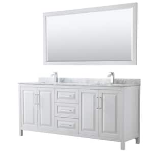 Daria 80 in. Double Bathroom Vanity in White with Marble Vanity Top in Carrara White and 70 in. Mirror