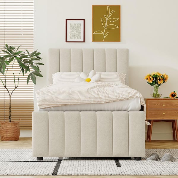 Harper & Bright Designs Beige Wood Frame Twin Size Linen Upholstered Platform Bed with Trundle, 3-Drawers and Height Adjustable Headboard