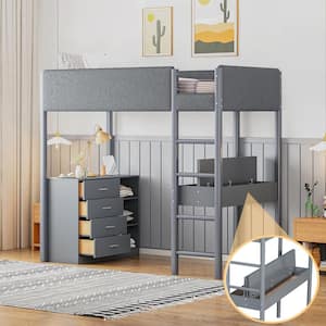 Gray Wood Frame Twin Size Teddy Fleece Upholstered Loft Bed with 4-Drawers, Shelves, Built-in Desk with Hidden Storage