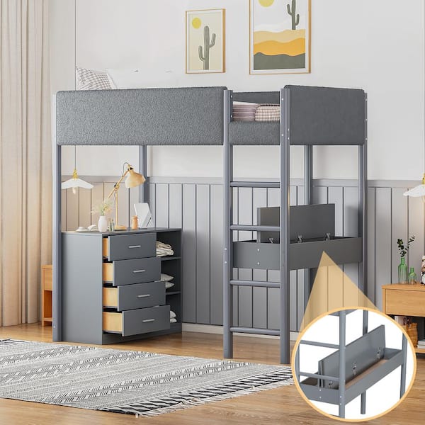 Harper & Bright Designs Gray Wood Frame Twin Size Teddy Fleece Upholstered Loft Bed with 4-Drawers, Shelves, Built-in Desk with Hidden Storage