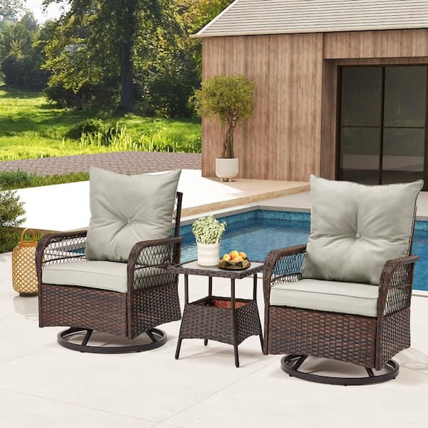 HOMMOW 3-Piece Outdoor 360° Swivel Rattan Chairs Set, PE Wicker Patio Conversation Set with Cushions and Coffee Table, Gray