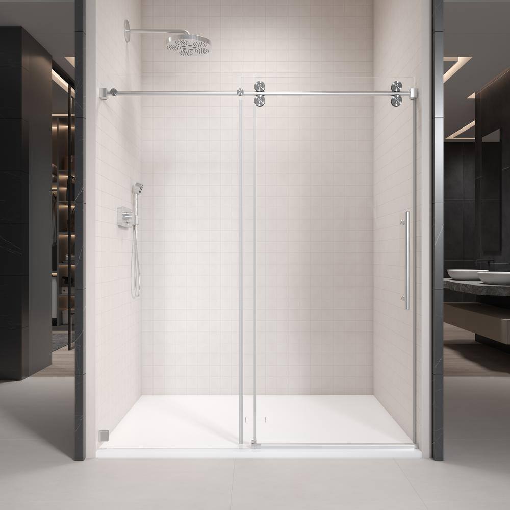 48 in. W x 76 in. H Single Sliding Frameless Shower Door in Brushed Nickel with 3/8 in. Clear Tempered Glass and Handle price history on PriceWatchPro