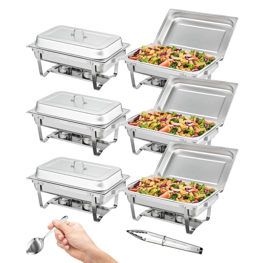 Chafing Dish Buffet Set 8 Qt. Silver Chafer 6 Pack Rectangle Stainless Steel, Chafing Dishes with 6 Full-Size Pans