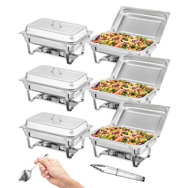 Chafing Dish Buffet Set 8 Qt. Silver Chafer 6 Pack Rectangle Stainless Steel, Chafing Dishes with 6 Full-Size Pans