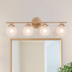 Modern Brass Gold Bathroom Vanity Light 4-Light Indoor Linear Wall Sconce with Frosted Glass Globes with Pearly Radiance