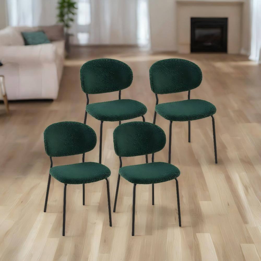 Modern Dark Green Boucle Fabric Armless Dining Chairs w/ Black Metal Legs f