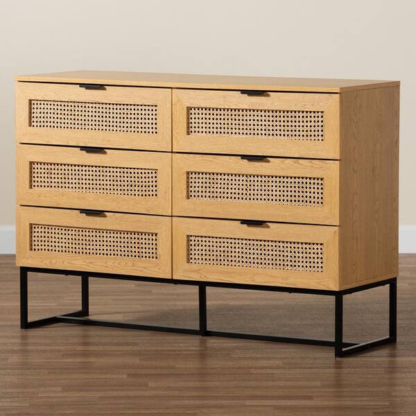 Baxton Studio Sawyer 6 Drawer Oak Brown and Black Dresser Storage