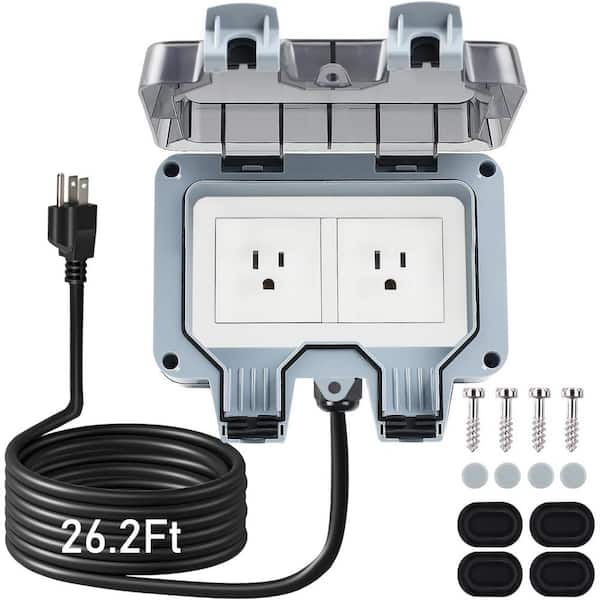 2-Outlet Outdoor Double Plug Extender with 26.3 ft. Extension Cord and Cover-Electrical Outlet Box in Gray