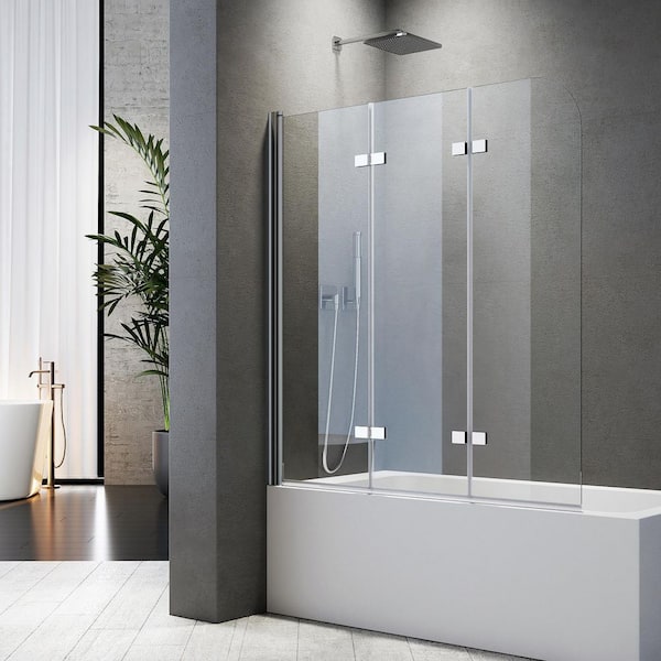 48 in. W x 55 in. H Foldable Frameless Pivot Tub Door in Polished Chrome with Explosion-Proof Film Tempered Clear Glass