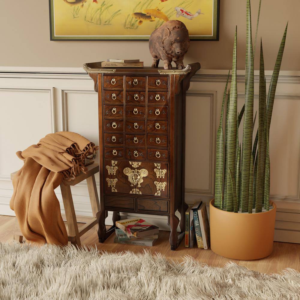 Medium Brown Elm Apothecary Chest with Antique Brass Hardware