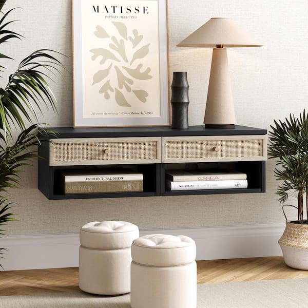 Nathan James Jackson 16 in. Wall Mounted Rattan Floating Bedroom Nightstand with Storage Drawer, Black/Rattan, Set of 2