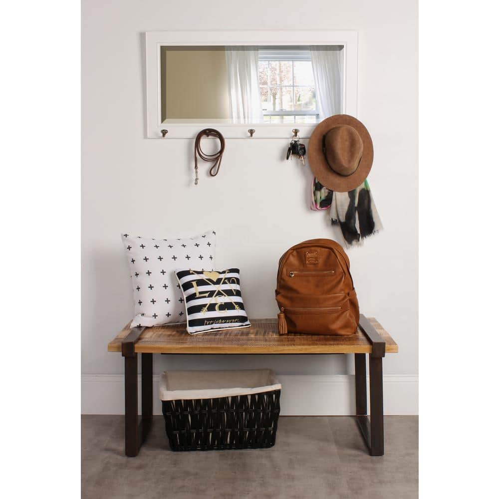 Classic Beveled Pub Mirror with White Frame and Metal Hooks 36"x18"