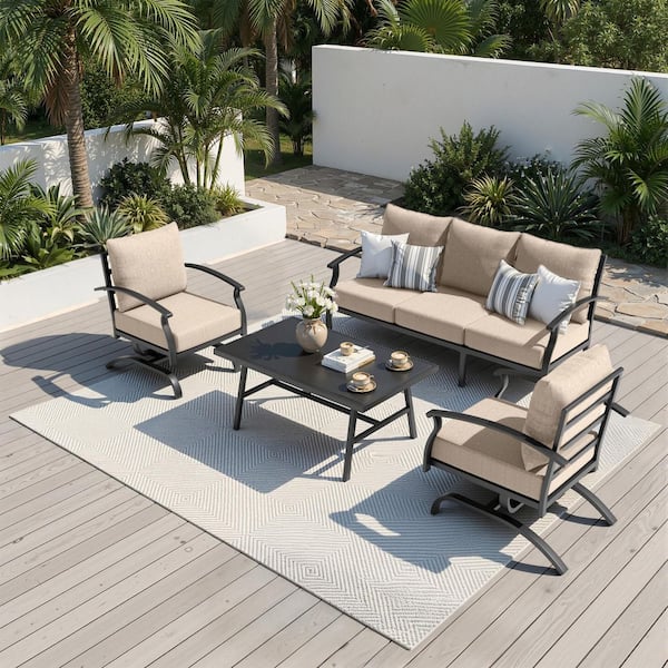 5-Seat Outdoor Iron Conversation Sofa Set with Rectangular Coffee Table, a 3-Seat Sofa, 2 Single Sofas and Sand Cushions
