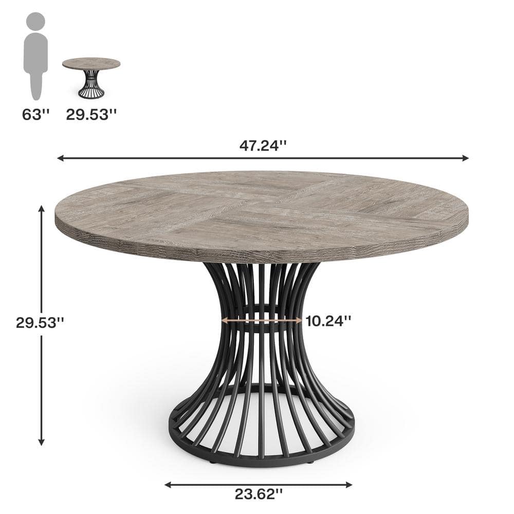 Gray 47-Inch Round Farmhouse Dining Table with Metal Base