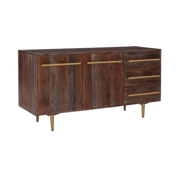 Benjara Brown Wood Top 19 in. Sideboard with 3 Doors and Angled Legs