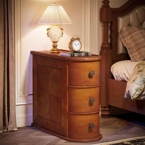 Kerlin 10.8 in. Walnut Rectangular Real Wood End Table with 3-Drawer, No Assembly Required Solid Side Table