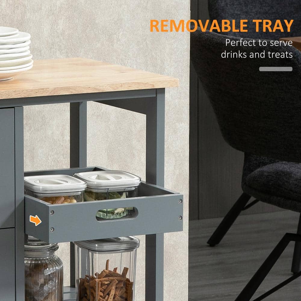 Gray Wood Kitchen Cart with Butcher Block Top and Storage