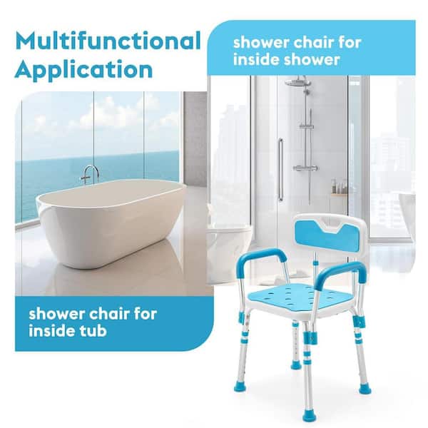 Numhew Aluminum Shower Chair in Blue with Back and Arms, Bathtub