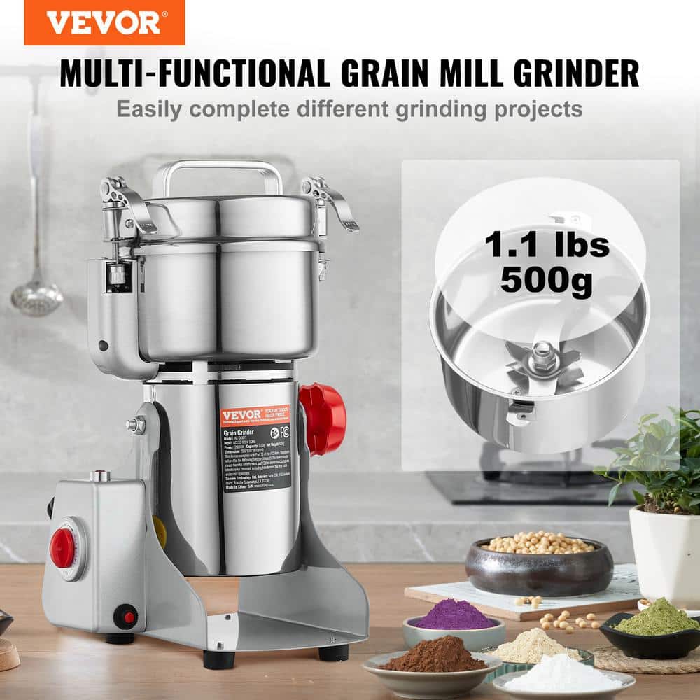 VEVOR 500g Silver Stainless Steel Electric Grain Mill Grinder