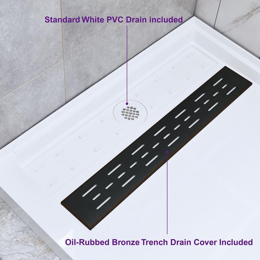60" x 36" White Solid Surface Alcove Shower Pan Base with Left Drain