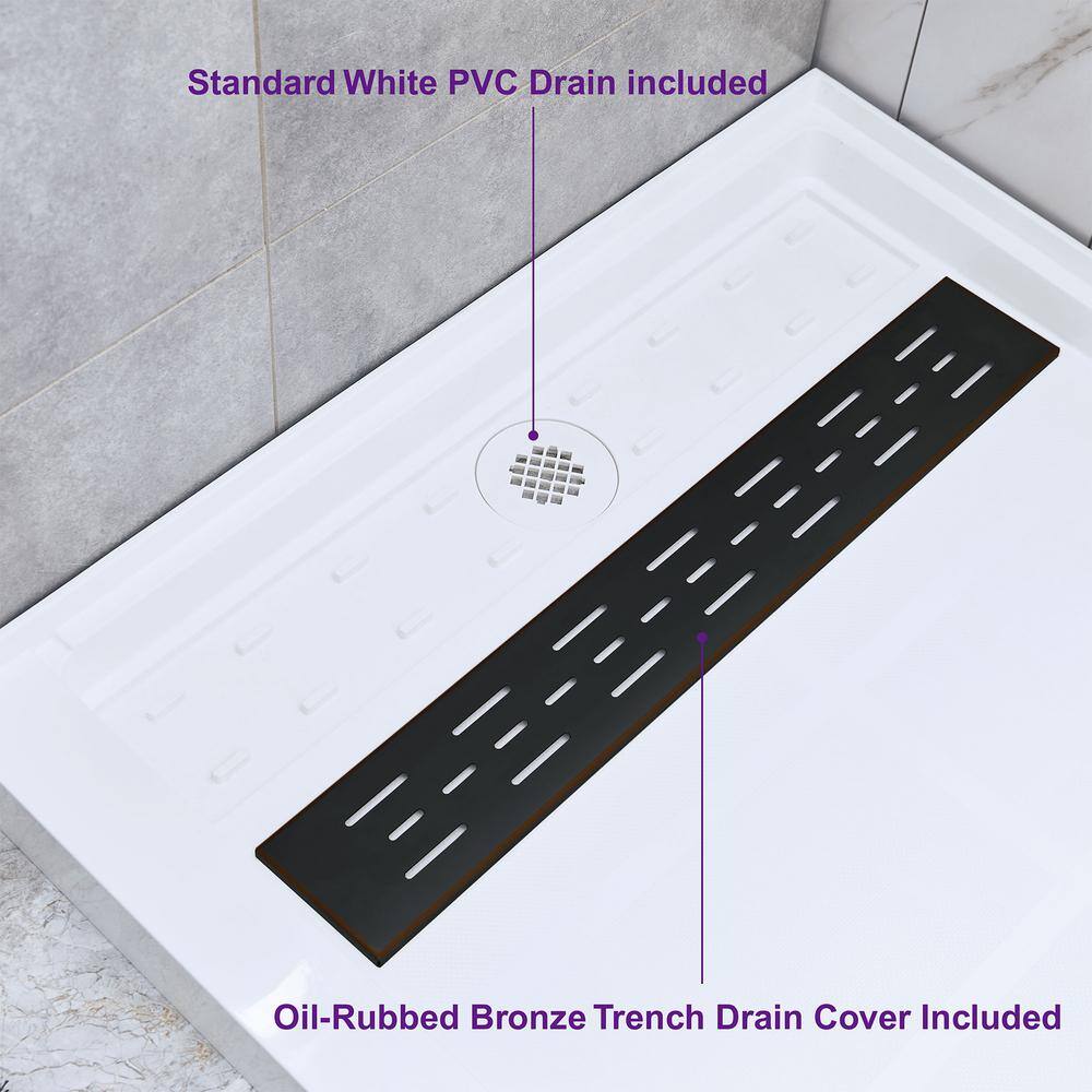 60" x 36" White Solid Surface Shower Pan Base with Oil Rubbed Bronze Drain Cover