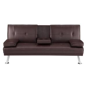 Caramel, Futon Sofa Bed Faux Leather Futon Couch with Armrest 2-Cupholders, Sofa Bed Couch Convertible with Metal Legs