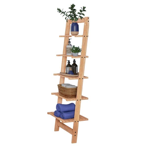 5-Tier Ladder Bookshelf- Leaning Decorative Shelves- Pickled Oak