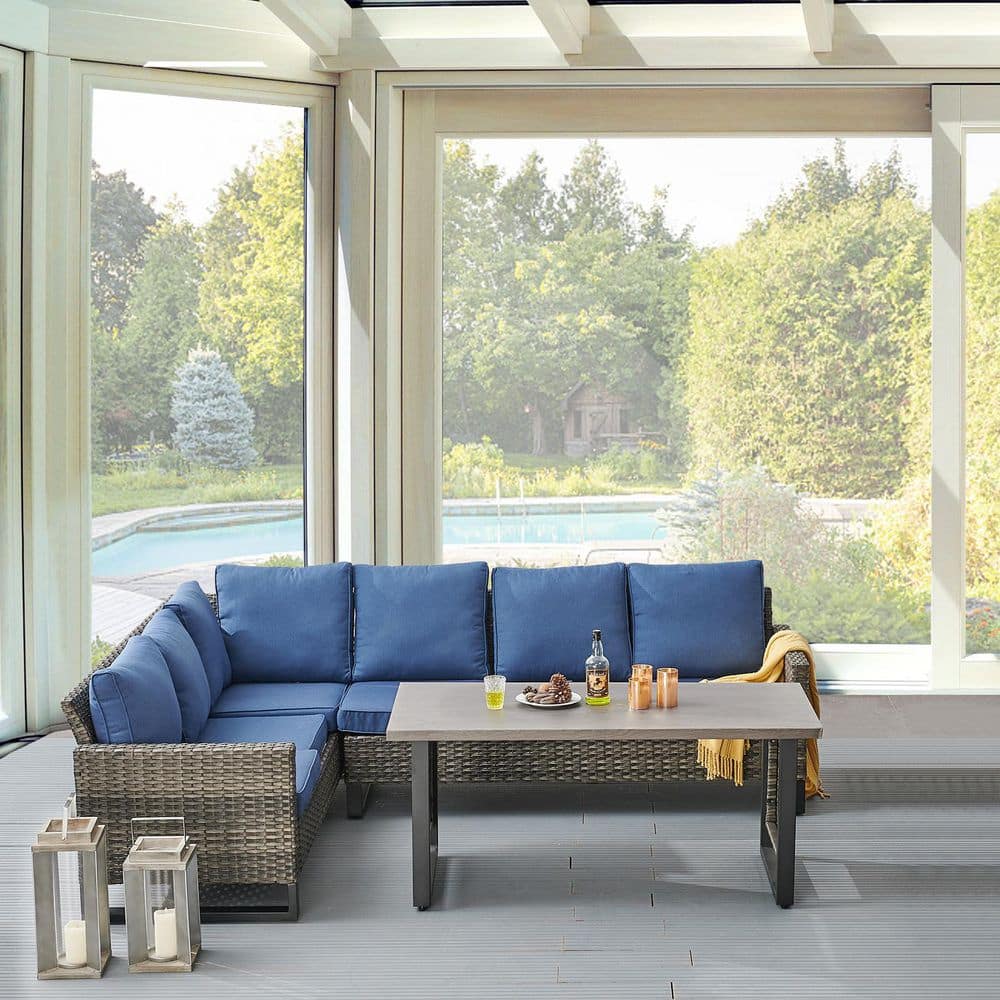 4-Piece Gray Wicker Patio Conversation Set with Olefin Blue Cushions and Sectionsal Sofa/ Metal Coffee Table price history on PriceWatchPro