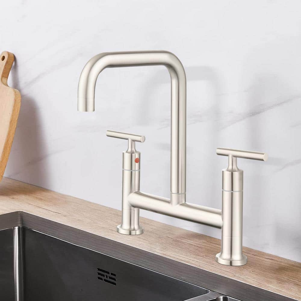 UPIKER Double Handle Bridge Kitchen Faucet In Brushed Nickel   Brushed Nickel Bridge Kitchen Faucets Up2304kfbn0027 64 1000 