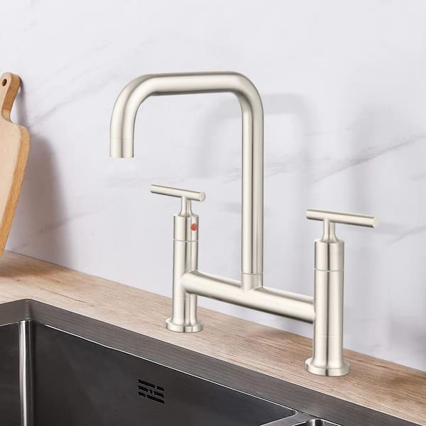 UPIKER Double-Handle Bridge Kitchen Faucet in Brushed Nickel