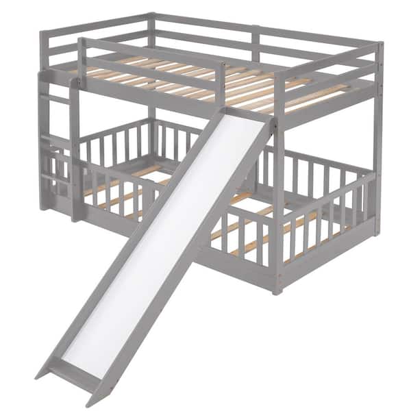 URTR Gray Twin Over Twin Low Bunk Bed with Slide, Kids Floor Bunk Bed with Ladder and Guardrail, Wood Bunk Bed Frame