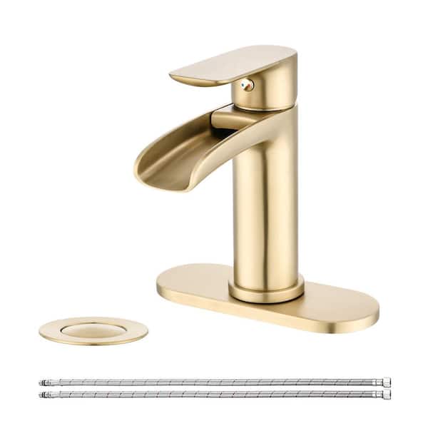 Waterfall Bathroom Faucet Single Handle Bathroom Sink Faucets 1 or 3 Hole Solid with Deck Plate Overflow，Brushed Gold