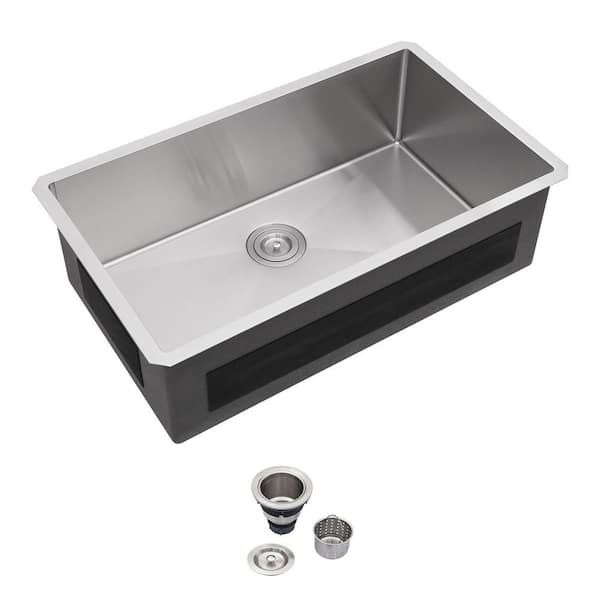 Sarlai 33 in. Undermount Single Bowl 18-Gauge Stainless Steel Round Corner Kitchen Sink with Strainer