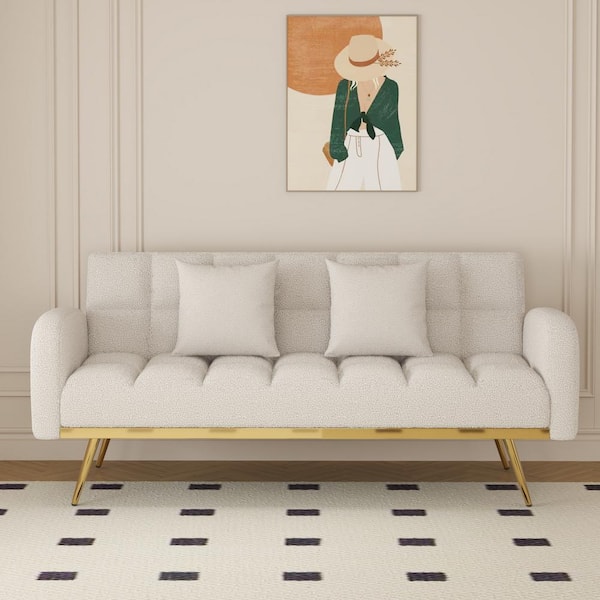 69 in. Beige Teddy Fabric Twin Size Adjustable Sofa Bed with 2 Pillows