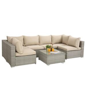 7-Piece PE Rattan Wicker Outdoor Garden Patio Sectional Set with Beige Cushions and Coffee Table