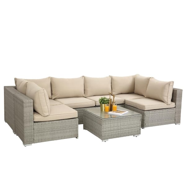 Unbranded 7-Piece PE Rattan Wicker Outdoor Garden Patio Sectional Set with Beige Cushions and Coffee Table