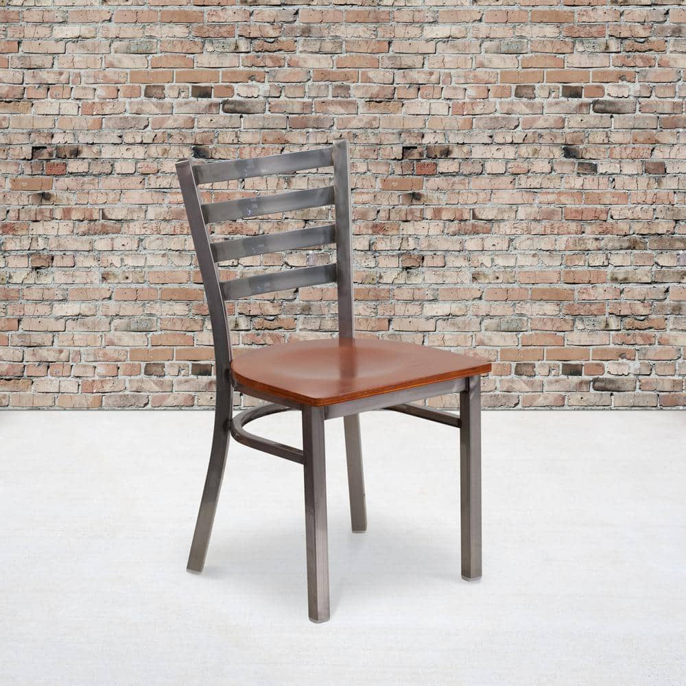 Cherry Wood Seat Clear Coated Ladderback Metal Side Chair