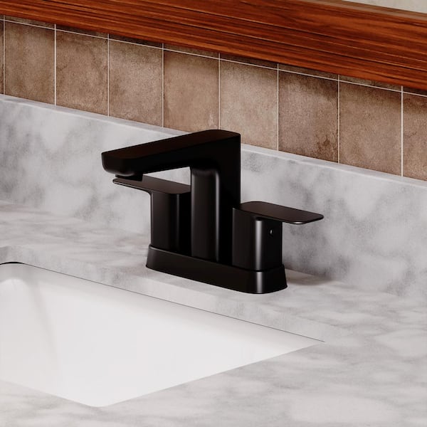 4 in. Centerset Double Handle Bathroom Faucet with Pop-up Drain in Matte Black