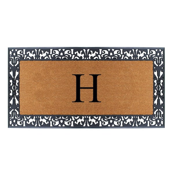 A1 Home Collections Floral Border Paisley Black 30 in. H x 60 in. H Rubber and Coir Monogrammed H Door Mat