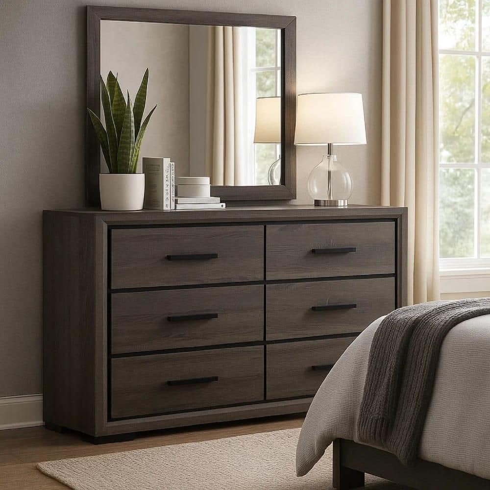 Wooden Dresser with 6 Drawers and Finger Pull Handle, Gray and Black Wooden Dresser with 6 Drawers and Finger Pull Handle, Gray and Black