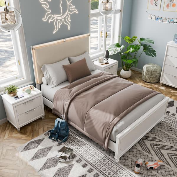 Glosan 3-Piece Pearl White Wood Frame Full Platform Bedroom Set with LED on Headboard and Mirror, Hidden Jewelry Drawers