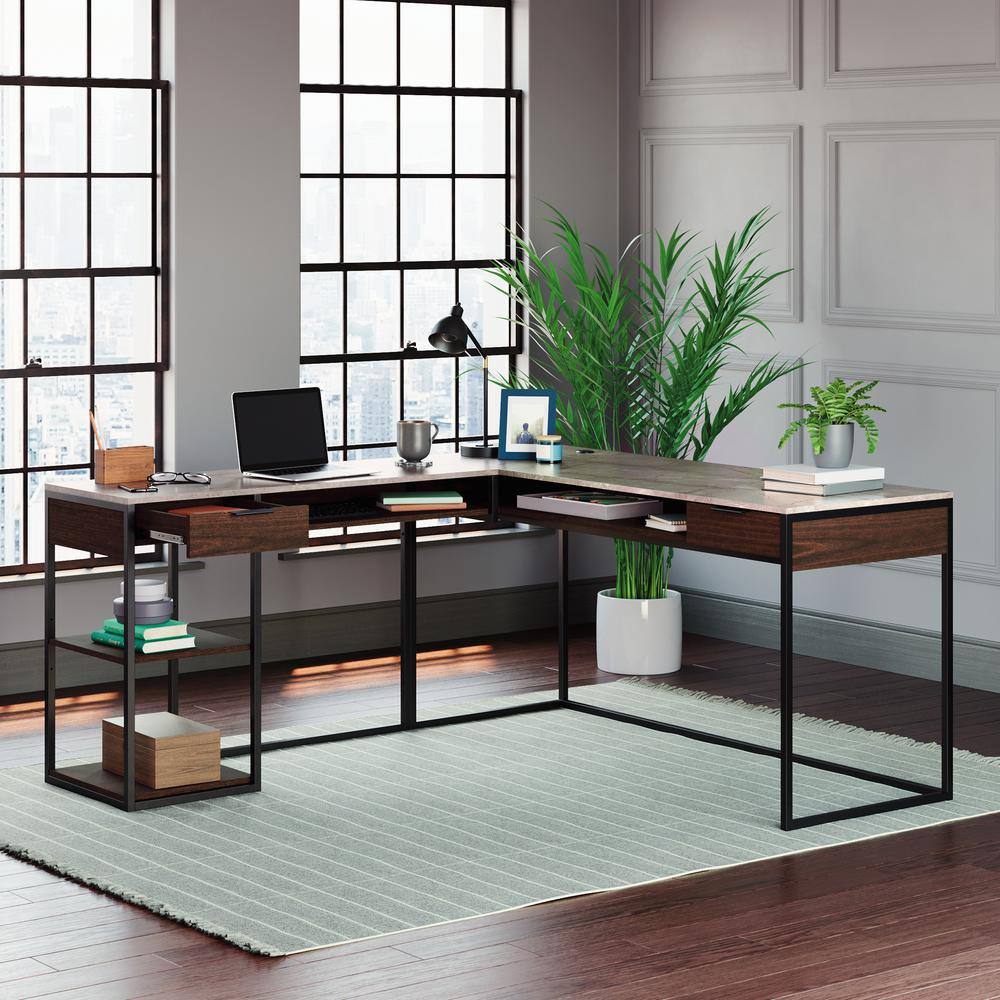 Umber Wood L-Shaped Corner Desk with Drawers and Keyboard Tray