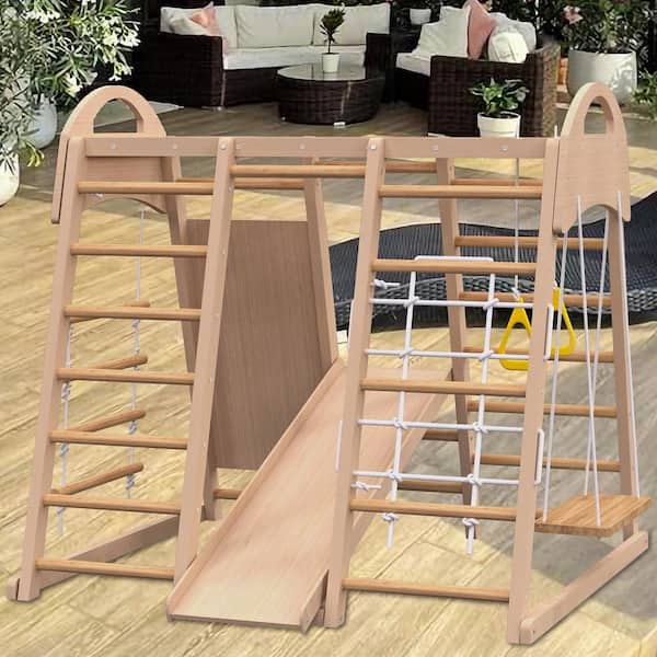 YOFE 7-in-1 Pine Indoor Jungle Gym Playset for Kids 2-6 with Slide