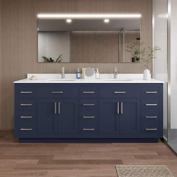 Beckett TK 84 in. W x 22 in. D x 35 in. H Double Sink Bath Vanity in Dark Blue with Brushed Nickel Trim White Quartz Top