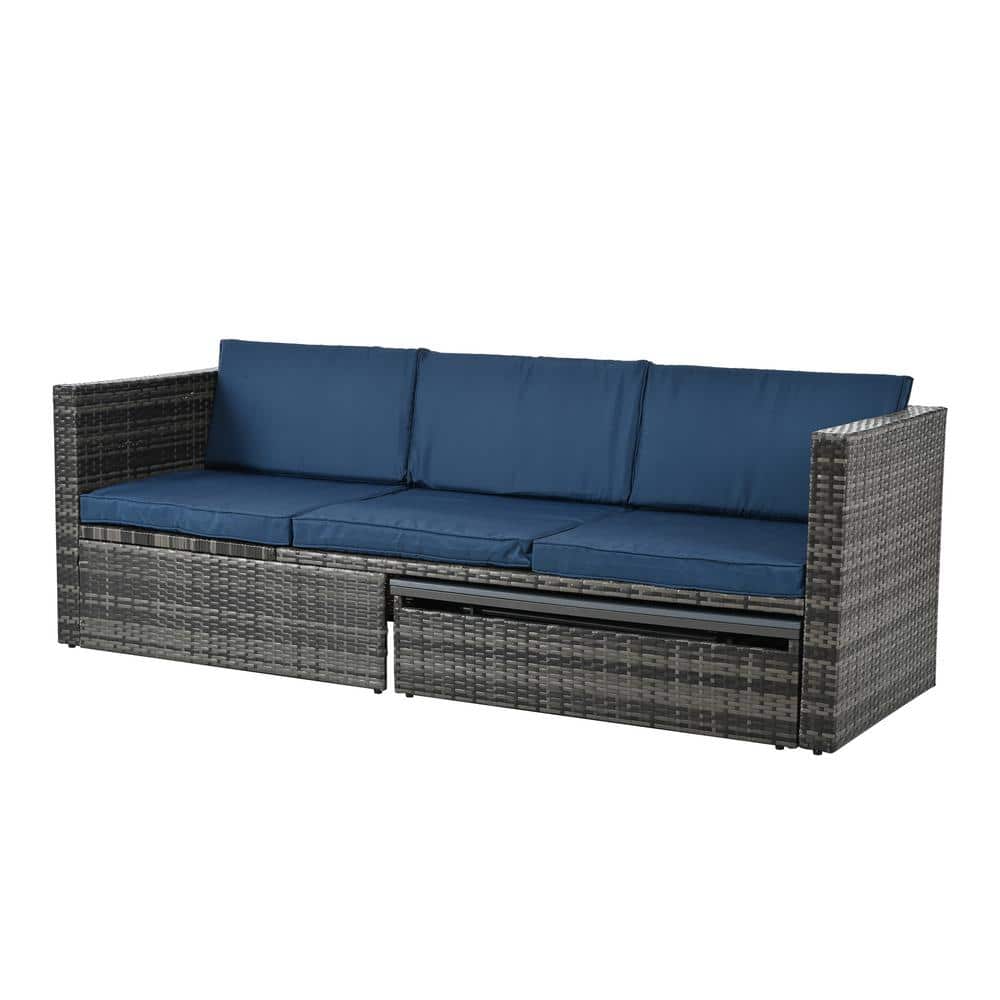 6-Person Dark Gray Wicker Outdoor Sectional Set with Blue Cushions