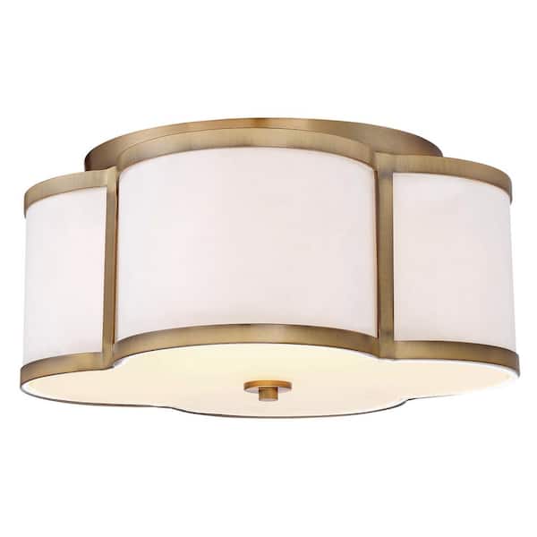 Savoy House 16 in. W x 8 in. H 3-Light Natural Brass Semi-Flush Mount Ceiling Light with White Fabric Shade