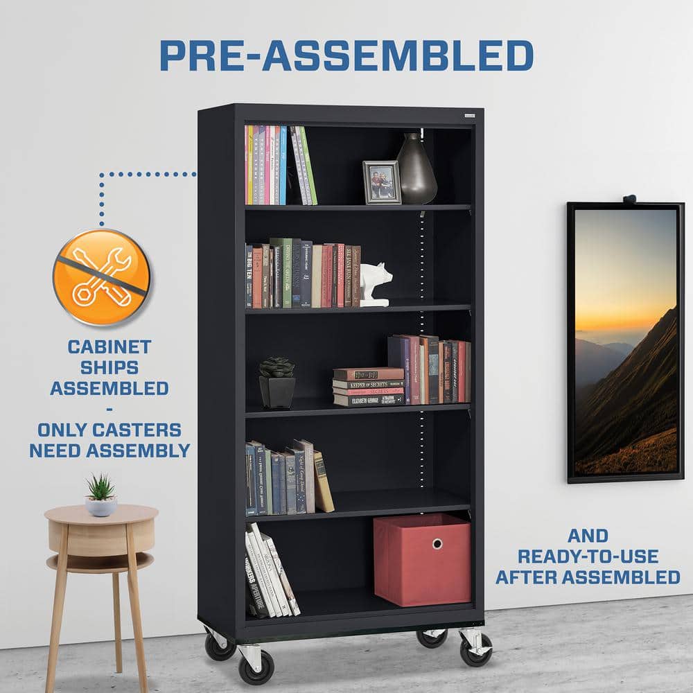 Black Steel Mobile Bookcase with Adjustable Shelves