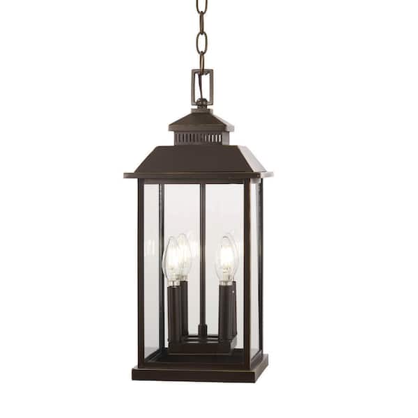 The Great Outdoors Miner's Loft Oil Rubbed Bronze Outdoor 4-Light Hanging Light with Gold Highlights