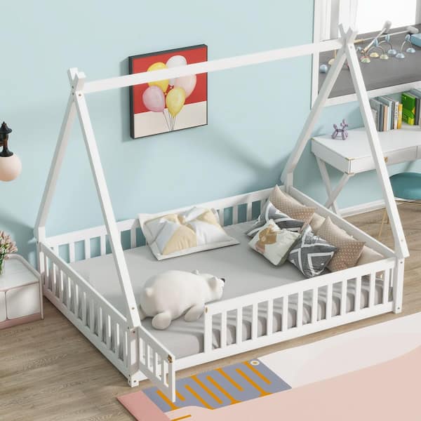 Harper & Bright Designs Tent Style White Wood Frame Full Size Platform Bed, Teepee Bed with Fence Bedrails, Doors